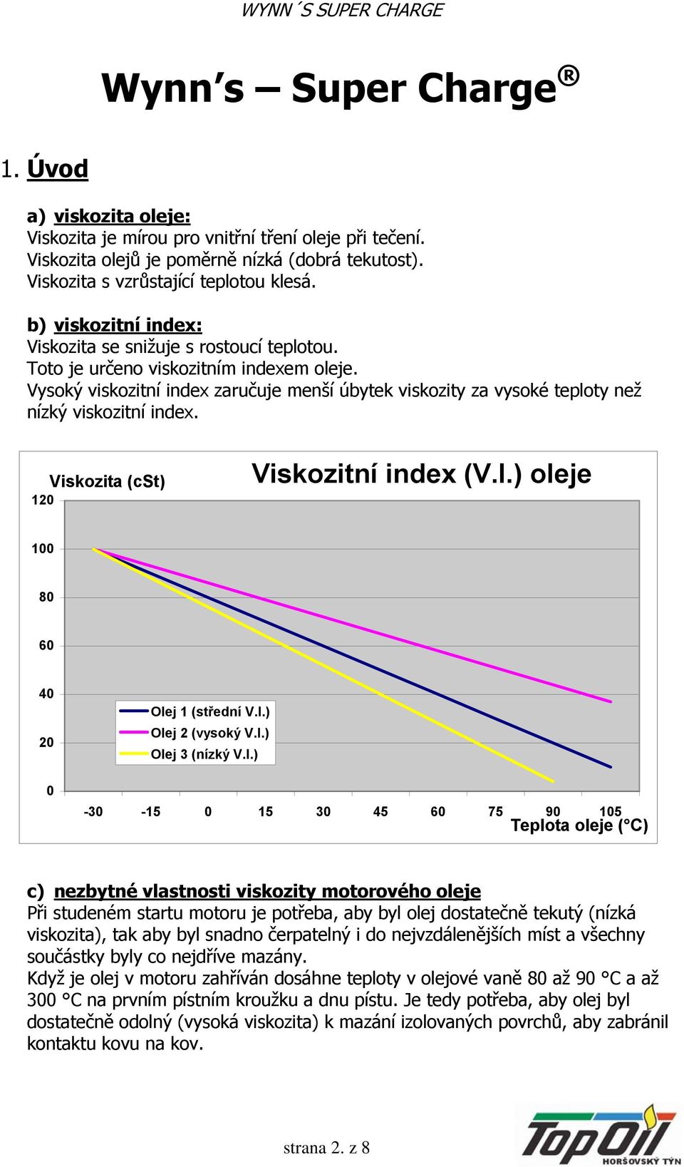 Vysoký viskozitní index zaručuje menší úbytek viskozity za vysoké teploty než nízký viskozitní index. 120 Viskozita (cst) Viskozitní index (V.I.) oleje 100 80 60 40 20 0 Olej 1 (střední V.I.) Olej 2 (vysoký V.