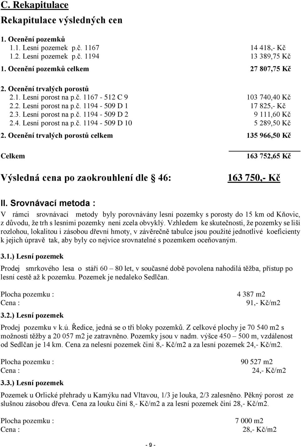 Ocenění trvalých porostů celkem 135 966,50 Kč Celkem Výsledná cena po zaokrouhlení dle 46: 163 752,65 Kč 163 750,- Kč II.