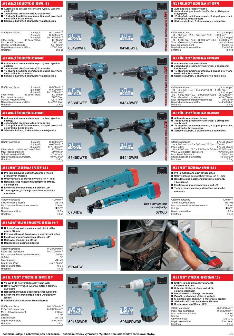 stupeň 0 1 600 min 1 Vrtací výkon do ocele/dřeva 13/45 mm 65/31 Nm 12 V/3,0 Ah 2,2 kg AKU VRTACÍ ŠROUBOVÁK 6339DWFE Automatická aretace vřetene pro rychlou výměnu nástrojů Jednoduché přepínání