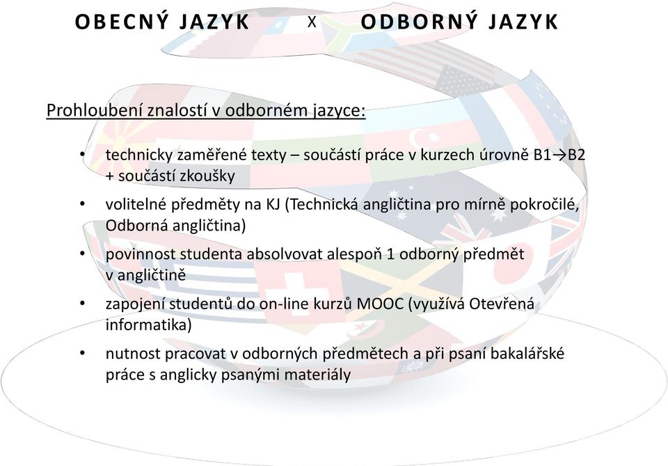 Odborná angličtina) povinnost studenta absolvovat alespoň 1 odborný předmět v angličtině zapojení studentů do on-line