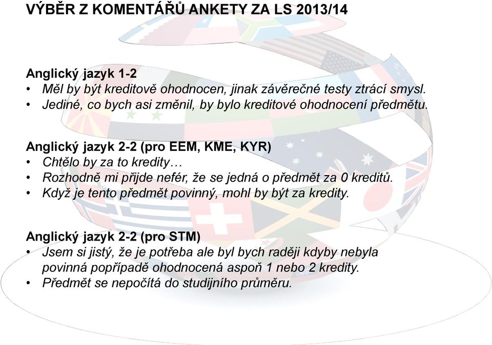 Anglický jazyk 2-2 (pro EEM, KME, KYR) Chtělo by za to kredity Rozhodně mi přijde nefér, že se jedná o předmět za 0 kreditů.