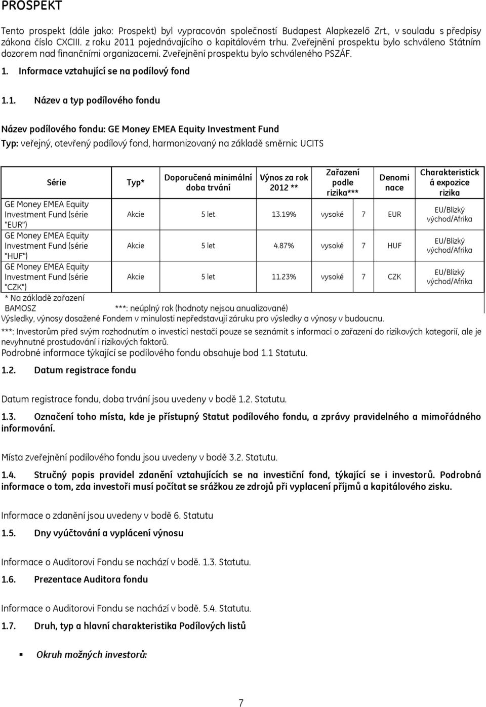 Informace vztahující se na podílový fond 1.