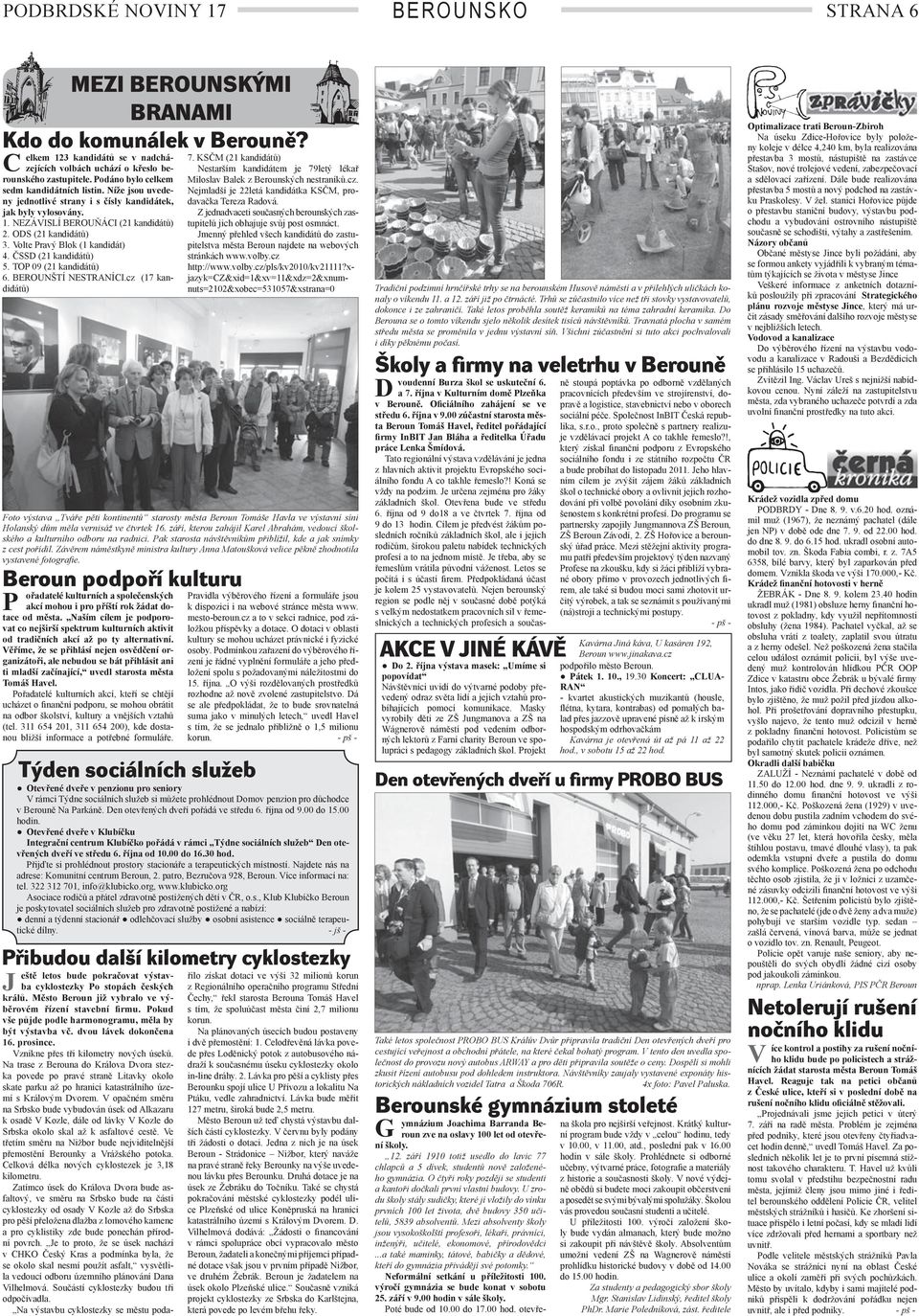 olte Pravý Blok (1 kandidát) 4. ČSSD (21 kandidátů) 5. TOP 09 (21 kandidátů) 6. BEROUNŠTÍ NESTRANÍCI.