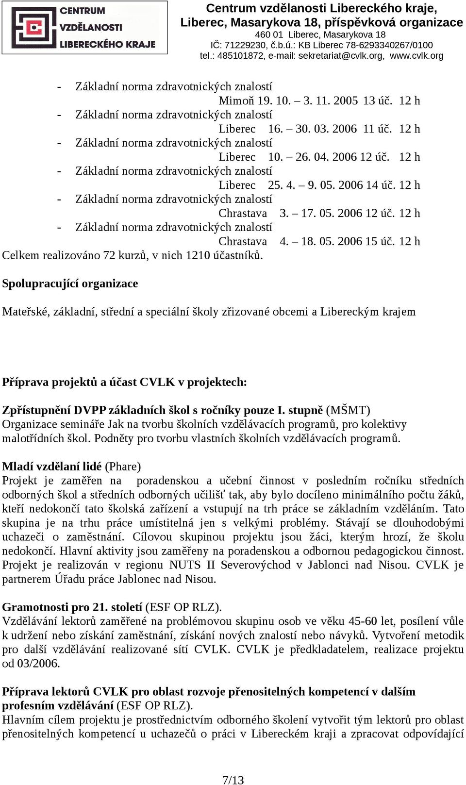 12 h - Základní nrma zdravtnických znalstí Liberec 10. 26. 04. 2006 12 úč. 12 h - Základní nrma zdravtnických znalstí Liberec 25. 4. 9. 05. 2006 14 úč.