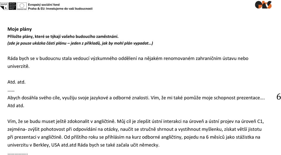 atd. Abych dosáhla svého cíle, využiju svoje jazykové a odborné znalosti. Vím, že mi také pomůže moje schopnost prezentace. Atd atd. 6 Vím, že se budu muset ještě zdokonalit v angličtině.