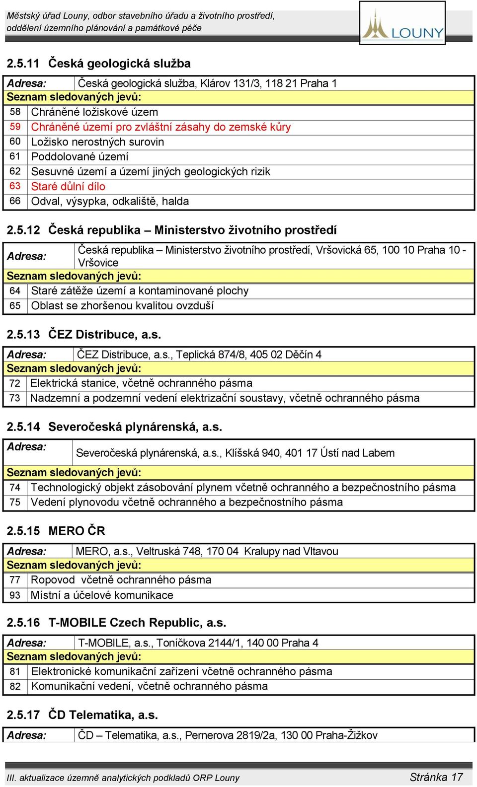 12 Česká republika Ministerstvo životního prostředí Česká republika Ministerstvo životního prostředí, Vršovická 65, 100 10 Praha 10 - Adresa: Vršovice Seznam sledovaných jevů: 64 Staré zátěže území a