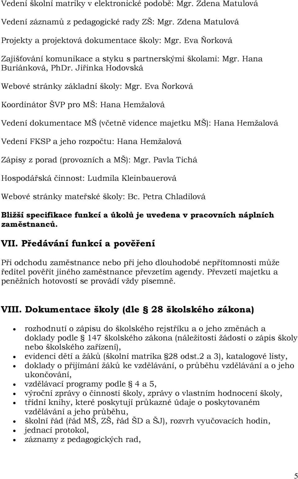 Eva Ňorková Koordinátor ŠVP pro MŠ: Hana Hemţalová Vedení dokumentace MŠ (včetně vidence majetku MŠ): Hana Hemţalová Vedení FKSP a jeho rozpočtu: Hana Hemţalová Zápisy z porad (provozních a MŠ): Mgr.