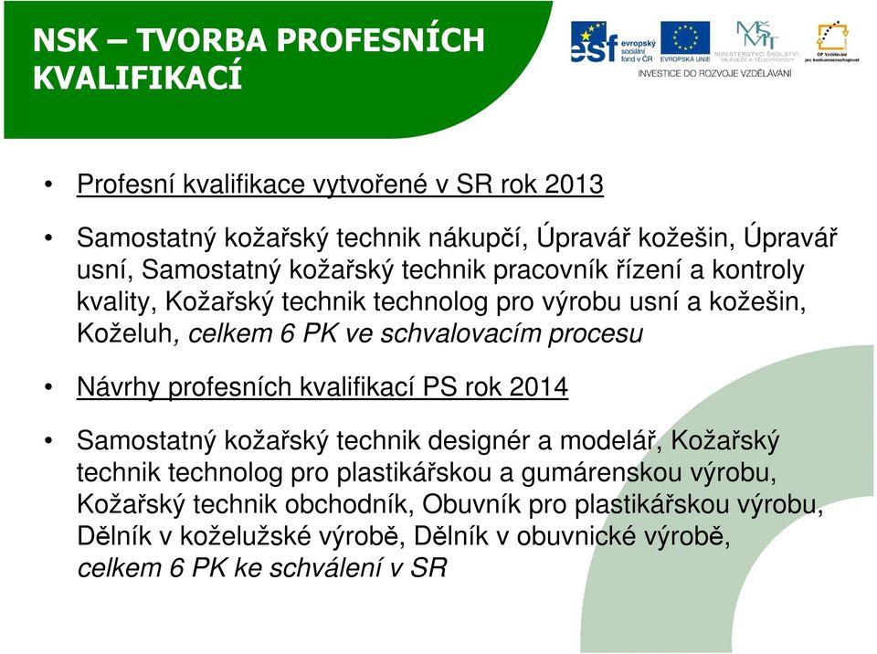 procesu Návrhy profesních kvalifikací PS rok 2014 Samostatný kožařský technik designér a modelář, Kožařský technik technolog pro plastikářskou a