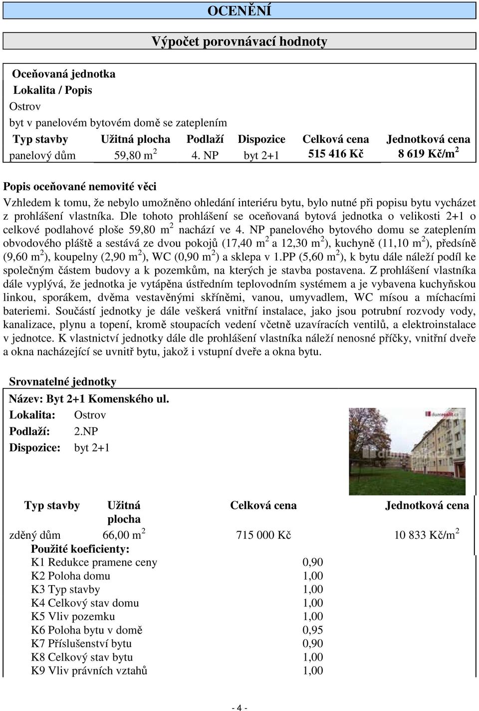 NP byt 2+1 515 416 Kč 8 619 Kč/m 2 Popis oceňované nemovité věci Vzhledem k tomu, že nebylo umožněno ohledání interiéru bytu, bylo nutné při popisu bytu vycházet z prohlášení vlastníka.