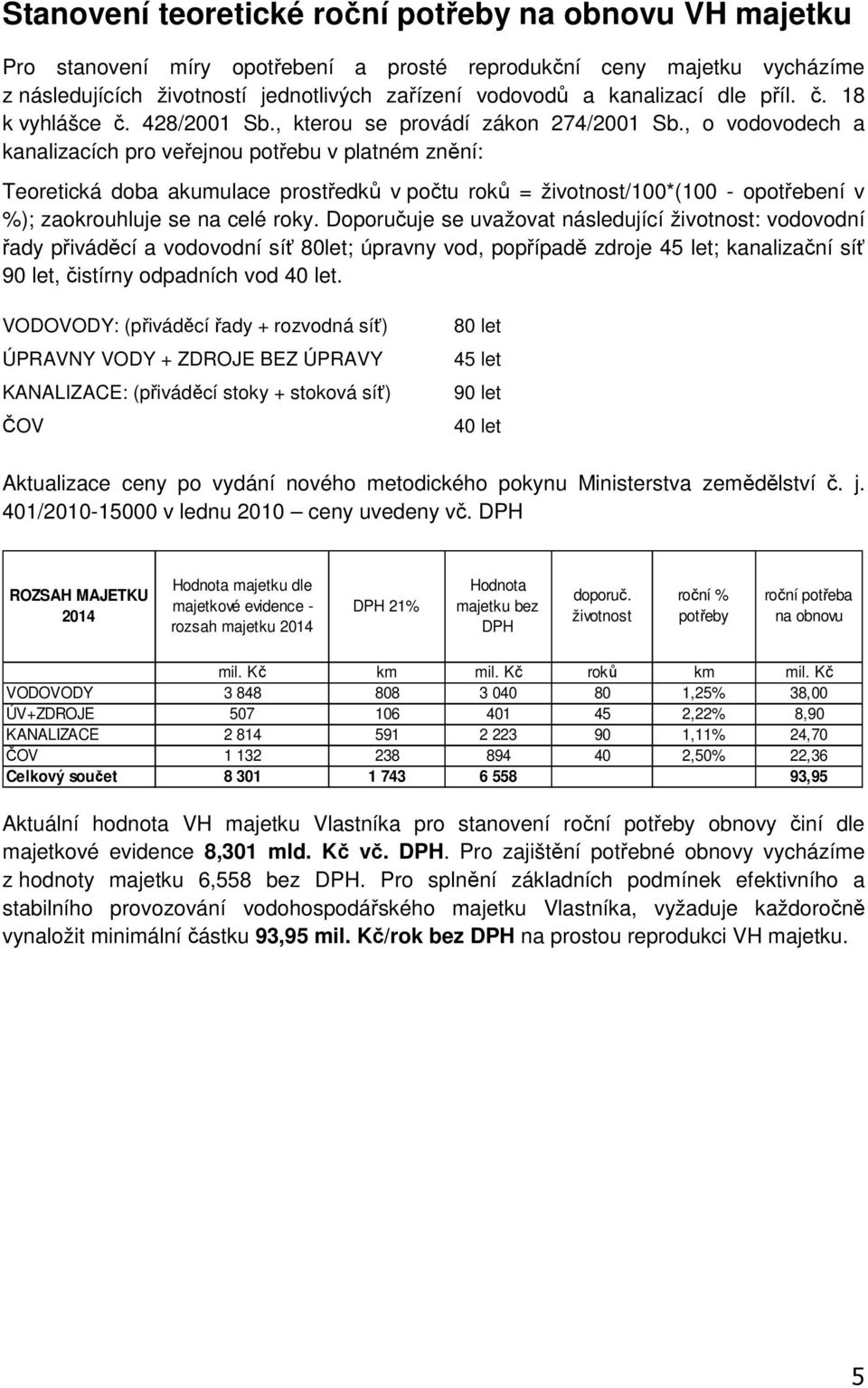 , o vodovodech a kanalizacích pro veřejnou potřebu v platném znění: Teoretická doba akumulace prostředků v počtu roků = životnost/100*(100 - opotřebení v %); zaokrouhluje se na celé roky.