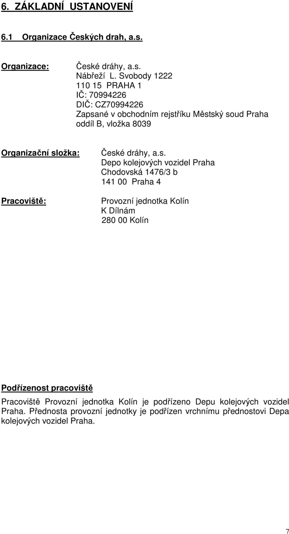 složka: Pracoviště: České dráhy, a.s. Depo kolejových vozidel Praha Chodovská 1476/3 b 141 00 Praha 4 Provozní jednotka Kolín K Dílnám 280 00