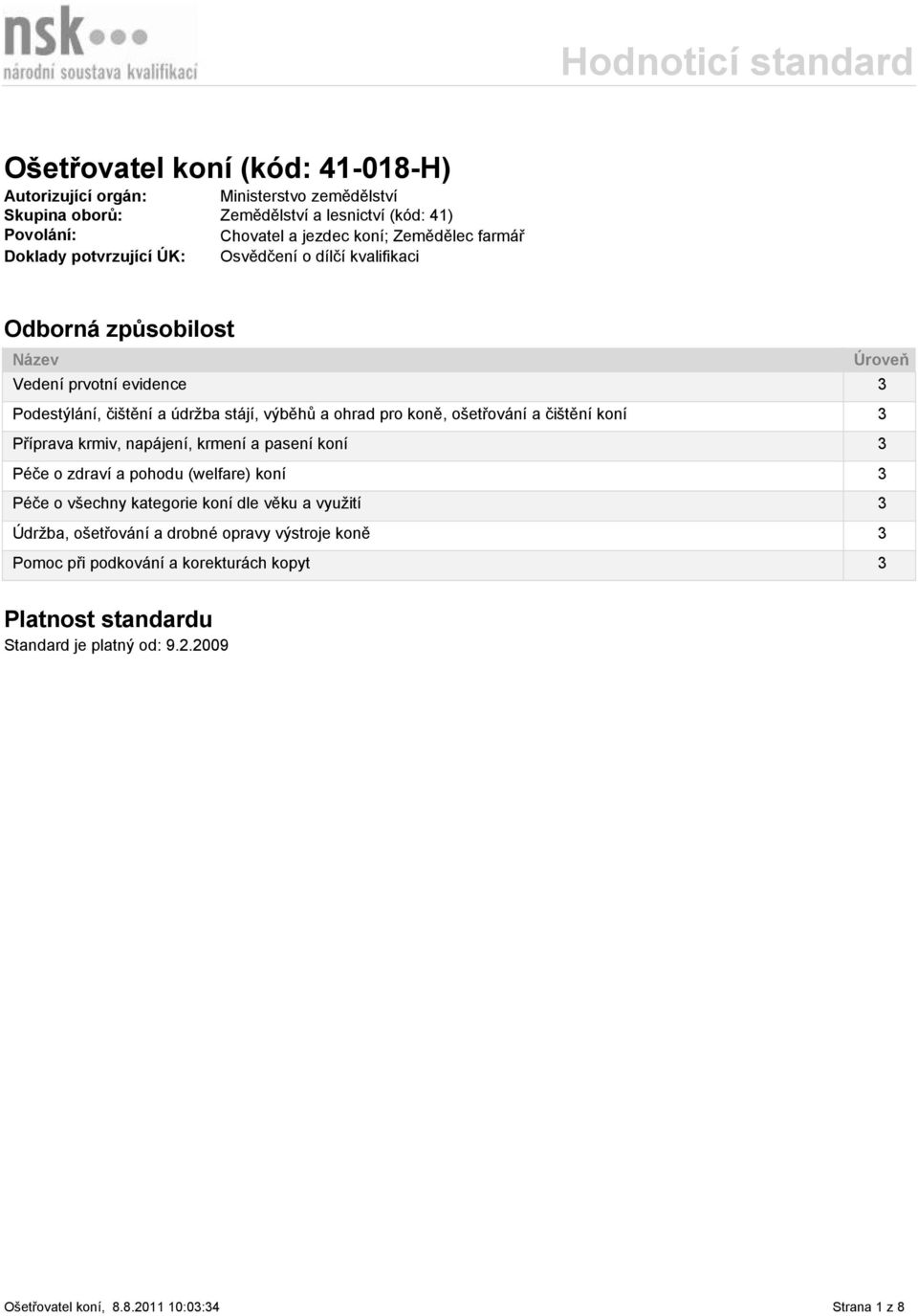 ohrad pro koně, ošetřování a čištění koní 3 Příprava krmiv, napájení, krmení a pasení koní 3 Péče o zdraví a pohodu (welfare) koní 3 Péče o všechny kategorie koní dle