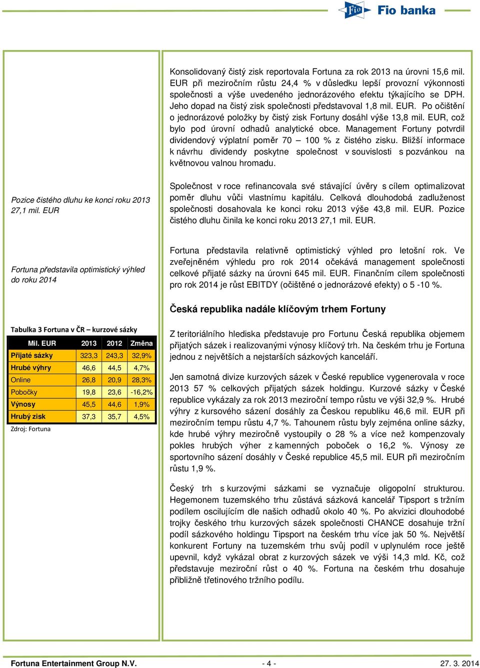 EUR. Po očištění o jednorázové položky by čistý zisk Fortuny dosáhl výše 13,8 mil. EUR, což bylo pod úrovní odhadů analytické obce.