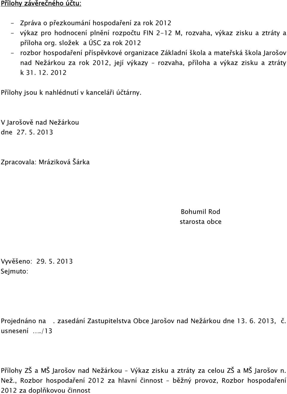 2012 Přílohy jsou k nahlédnutí v kanceláři účtárny. V Jarošově nad Nežárkou dne 27. 5. 2013 Zpracovala: Mráziková Šárka Bohumil Rod starosta obce Vyvěšeno: 29. 5. 2013 Sejmuto: Projednáno na.