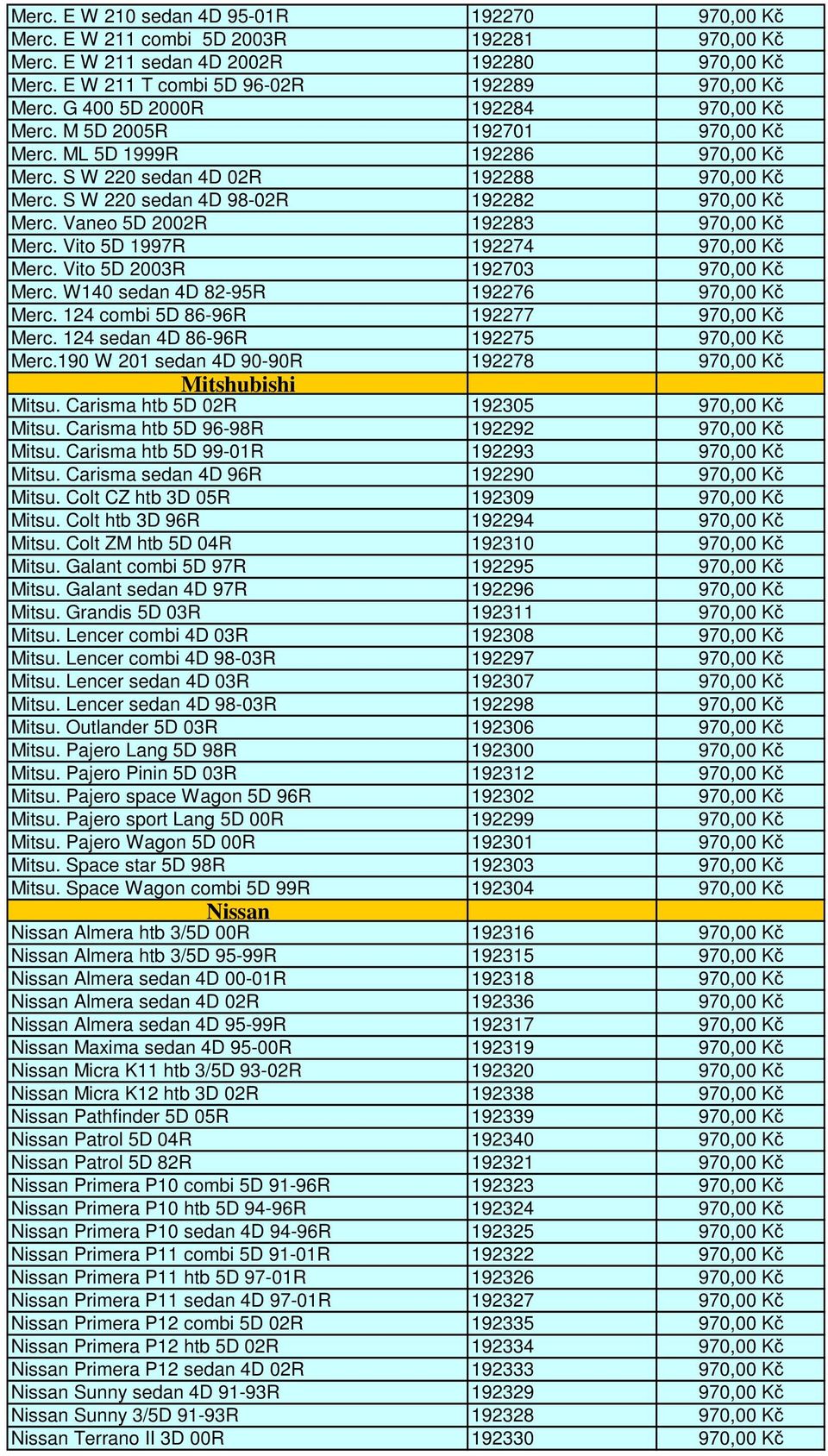 Vaneo 5D 2002R 192283 970,00 Kč Merc. Vito 5D 1997R 192274 970,00 Kč Merc. Vito 5D 2003R 192703 970,00 Kč Merc. W140 sedan 4D 82-95R 192276 970,00 Kč Merc. 124 combi 5D 86-96R 192277 970,00 Kč Merc.