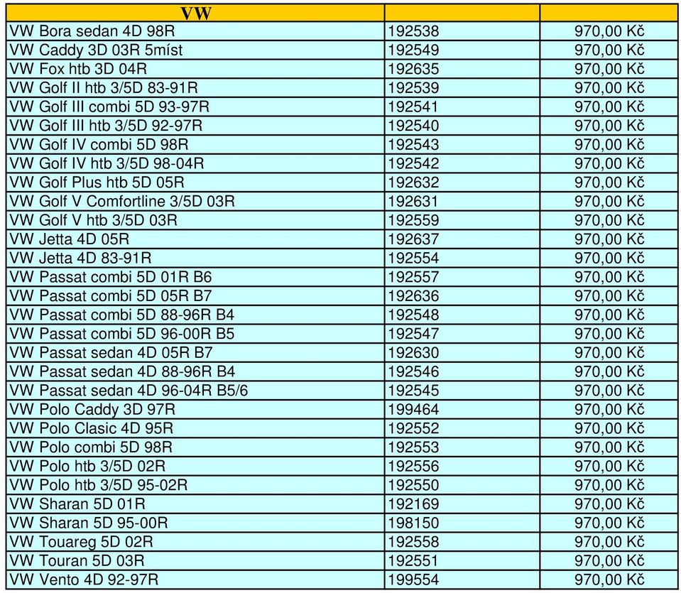 Comfortline 3/5D 03R 192631 970,00 Kč VW Golf V htb 3/5D 03R 192559 970,00 Kč VW Jetta 4D 05R 192637 970,00 Kč VW Jetta 4D 83-91R 192554 970,00 Kč VW Passat combi 5D 01R B6 192557 970,00 Kč VW Passat