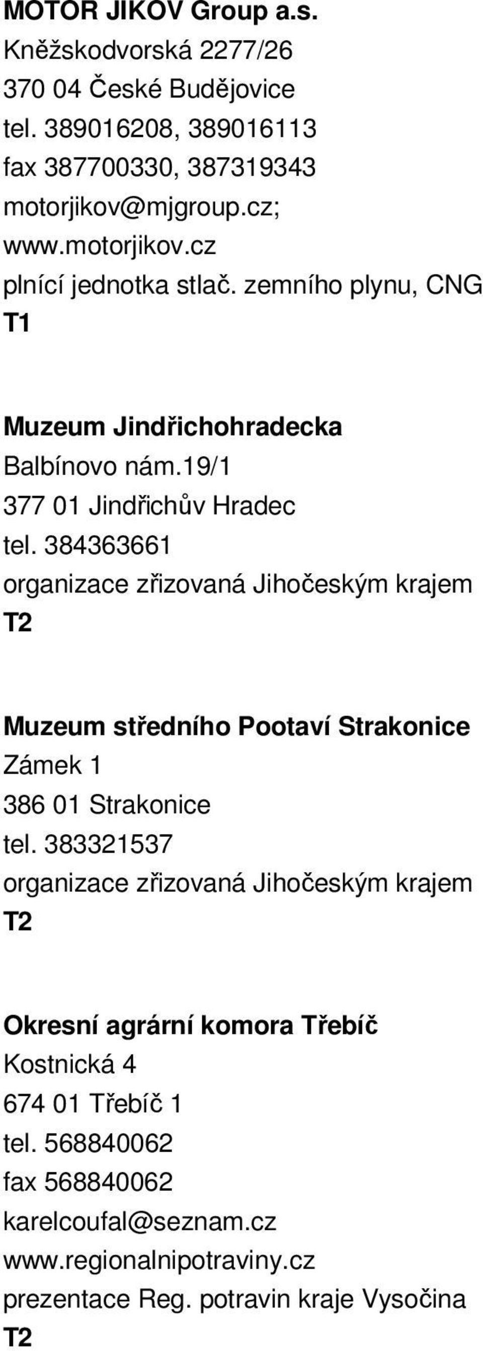 zemního plynu, CNG T1 Muzeum Jindřichohradecka Balbínovo nám.19/1 377 01 Jindřichův Hradec tel.