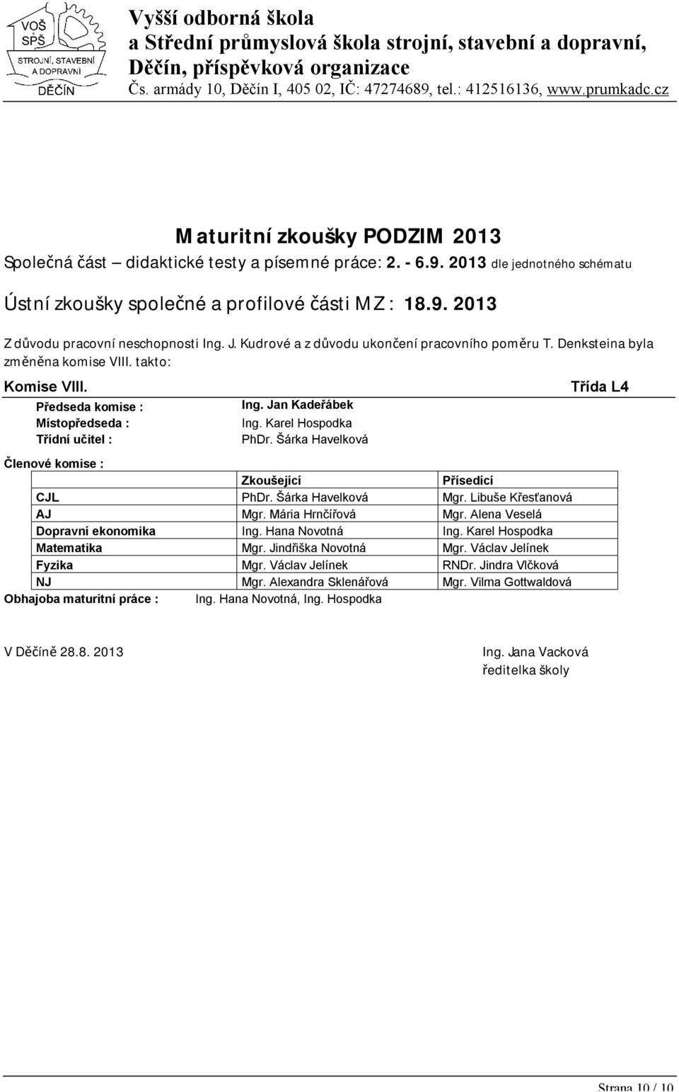 Mária Hrnčířová Mgr. Alena Veselá Dopravní ekonomika Ing. Hana Novotná Matematika Mgr. Jindřiška Novotná Mgr. Václav Jelínek Fyzika Mgr.