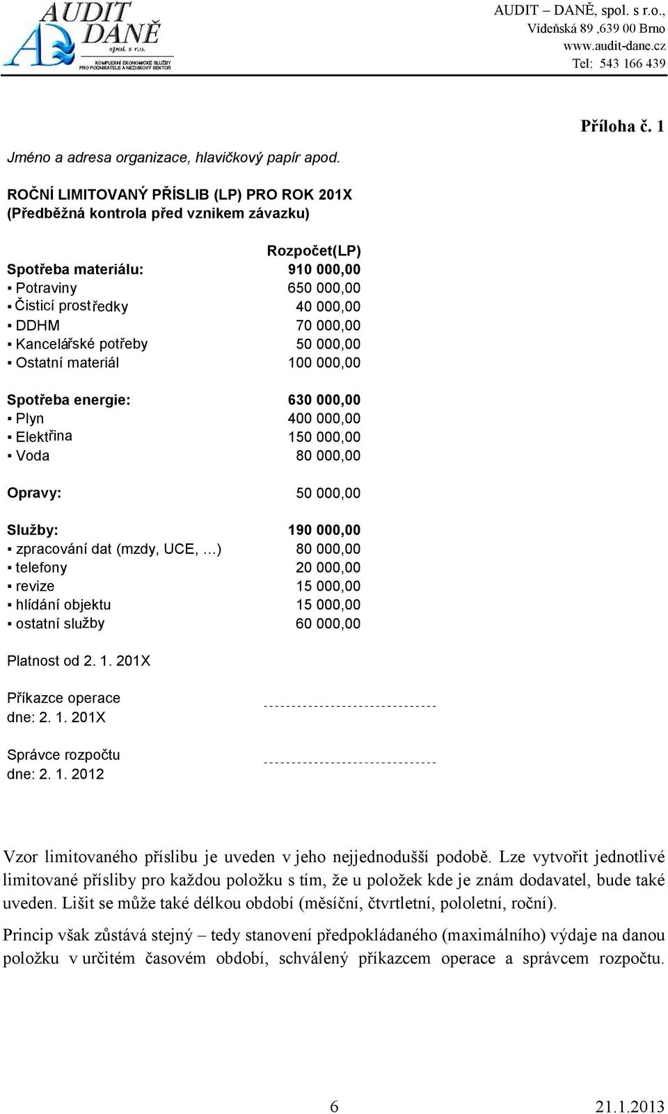 Kancelářské potřeby 50 000,00 Ostatní materiál 100 000,00 Spotřeba energie: 630 000,00 Plyn 400 000,00 Elektřina 150 000,00 Voda 80 000,00 Opravy: 50 000,00 Služby: 190 000,00 zpracování dat (mzdy,