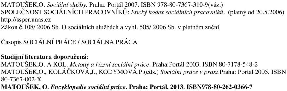 v platném znění Časopis SOCIÁLNÍ PRÁCE / SOCIÁLNA PRÁCA MATOUŠEK,O. A KOL. Metody a řízení sociální práce. Praha:Portál 2003.
