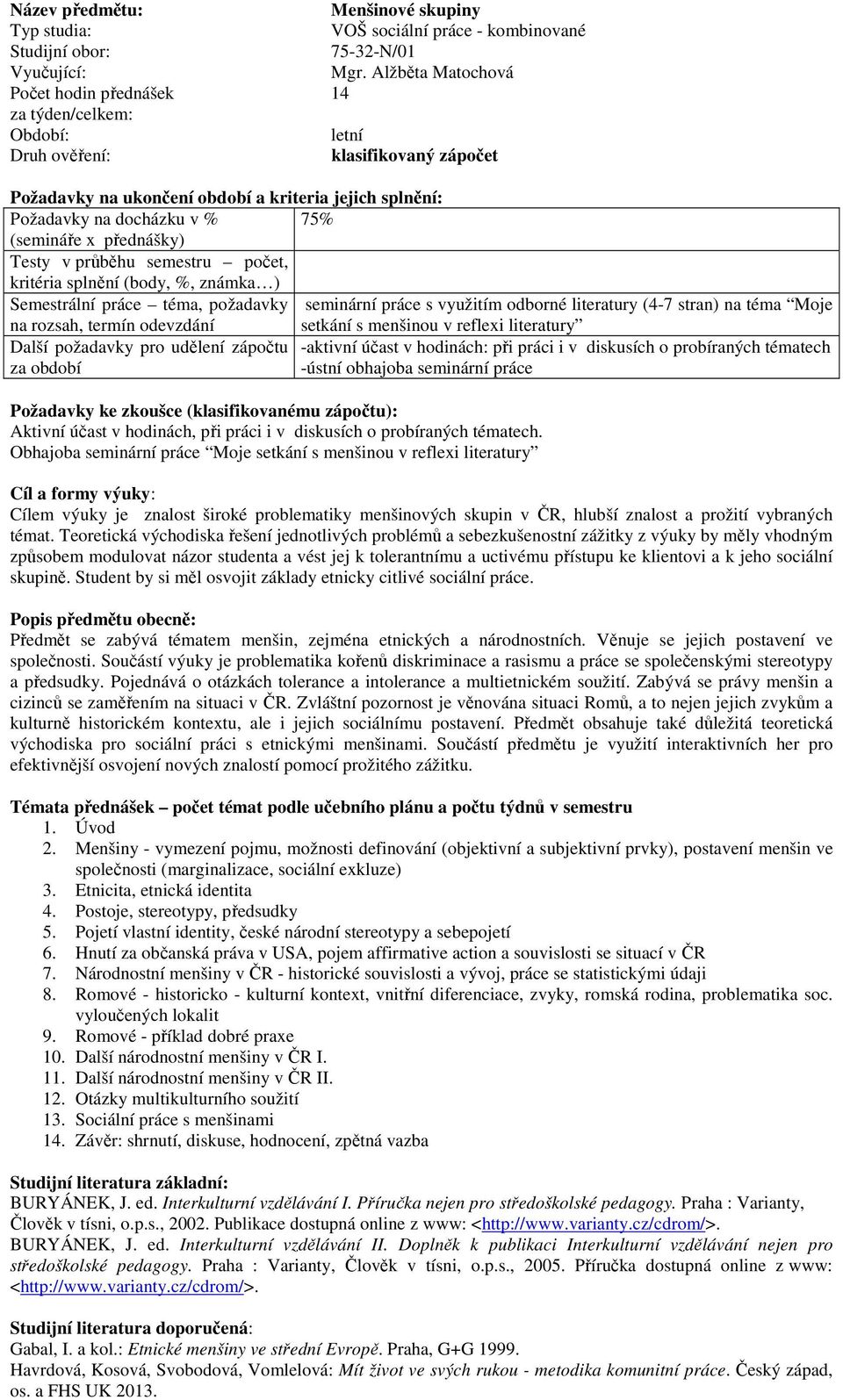 téma, požadavky seminární práce s využitím odborné literatury (4-7 stran) na téma Moje na rozsah, termín odevzdání setkání s menšinou v reflexi literatury Další požadavky pro udělení zápočtu -aktivní