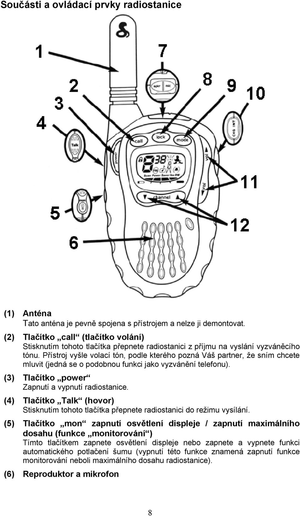 Přístroj vyšle volací tón, podle kterého pozná Váš partner, že sním chcete mluvit (jedná se o podobnou funkci jako vyzvánění telefonu). (3) Tlačítko power Zapnutí a vypnutí radiostanice.