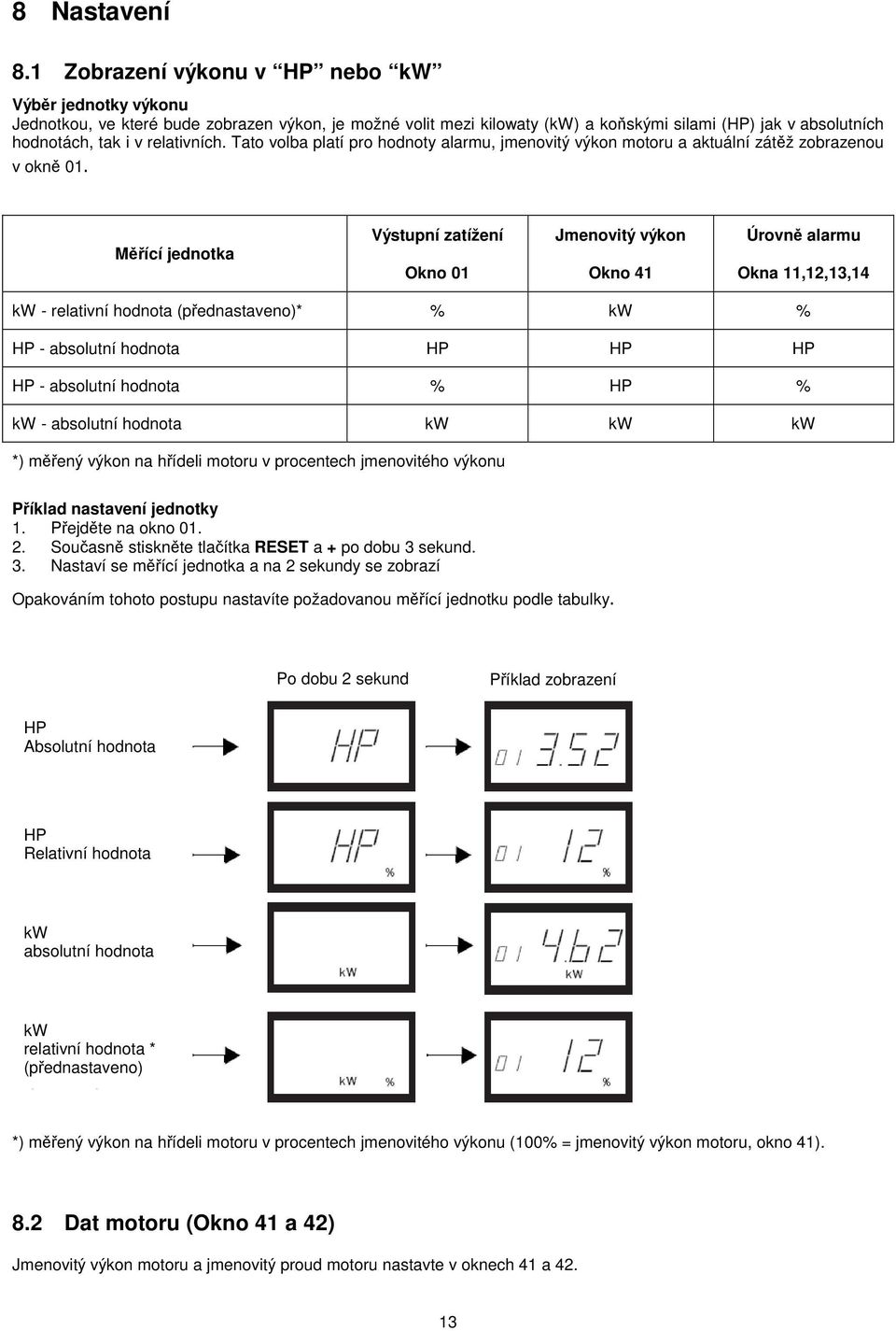 relativních. Tato volba platí pro hodnoty alarmu, jmenovitý výkon motoru a aktuální zátěž zobrazenou v okně 01.