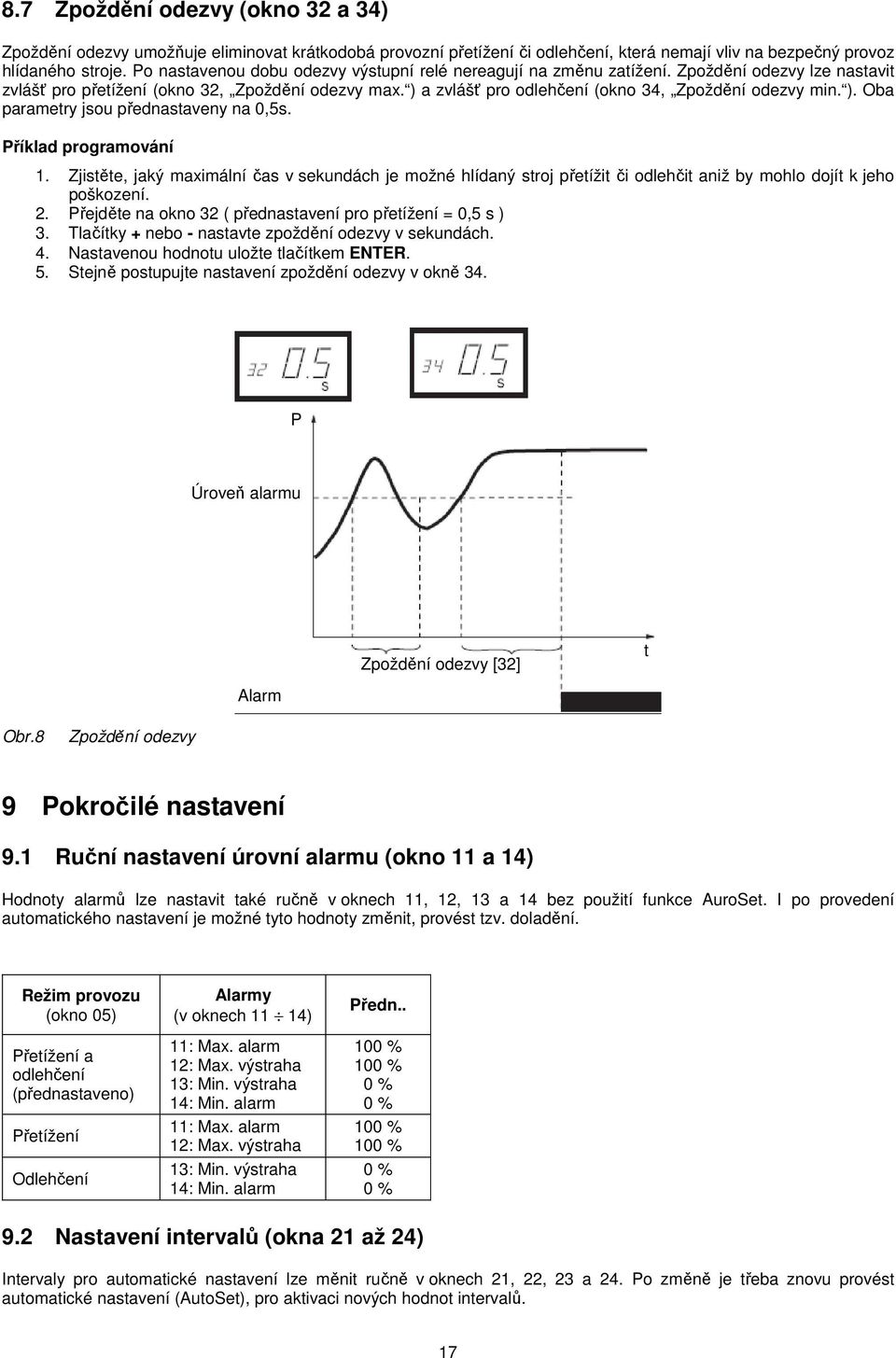 ) a zvlášť pro odlehčení (okno 34, Zpoždění odezvy min. ). Oba parametry jsou přednastaveny na 0,5s. Příklad programování 1.