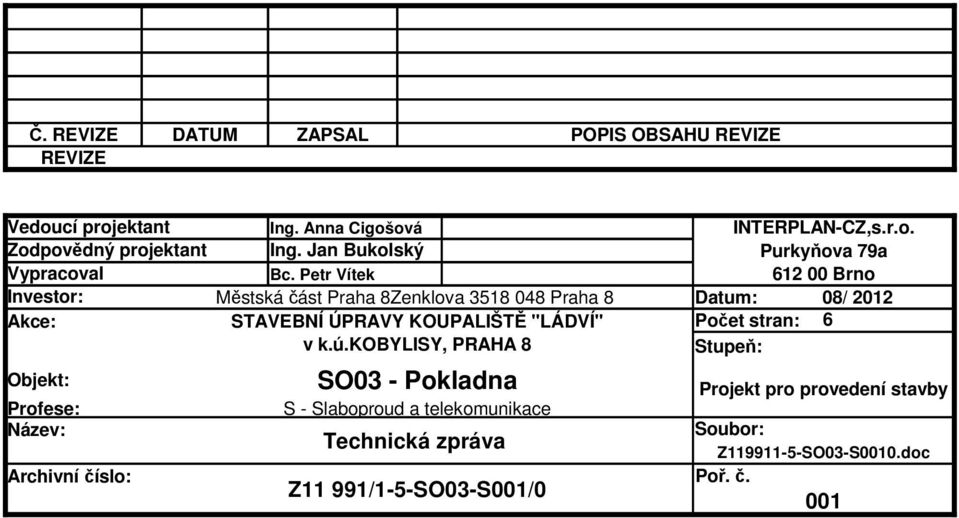 Petr Vítek 612 00 Brno Investor: Městská část Praha 8Zenklova 3518 048 Praha 8 Datum: 08/ 2012 Akce: STAVEBNÍ ÚPRAVY KOUPALIŠTĚ "LÁDVÍ"