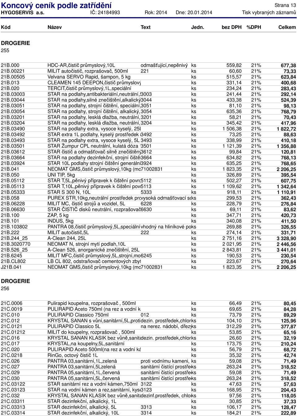 013 CLEAMEN 145 DEEPON,čistič průmyslový,5l ks 331,14 21% 400,68 21B.020 TERCIT,čistič průmyslový,1l,speciální ks 234,24 21% 283,43 21B.