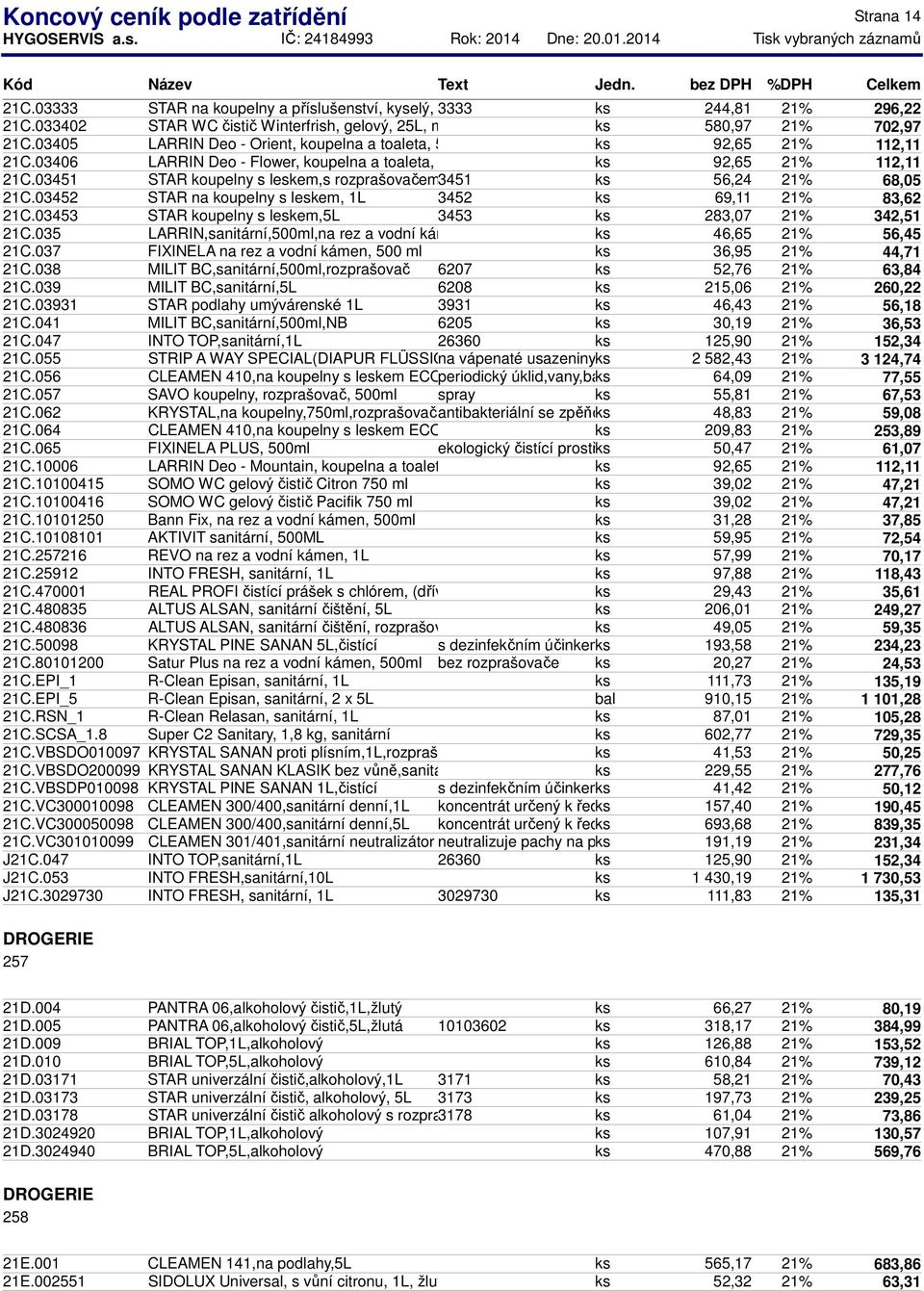 03406 LARRIN Deo - Flower, koupelna a toaleta, 500ml ks 92,65 21% 112,11 21C.03451 STAR koupelny s leskem,s rozprašovačem 3451 500ml ks 56,24 21% 68,05 21C.