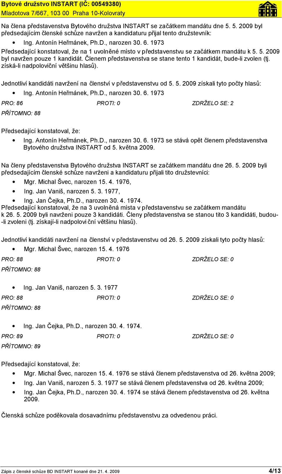 Členem představenstva se stane tento 1 kandidát, bude-li zvolen (tj. získá-li nadpoloviční většinu hlasů). Jednotliví kandidáti navržení na členství v představenstvu od 5.