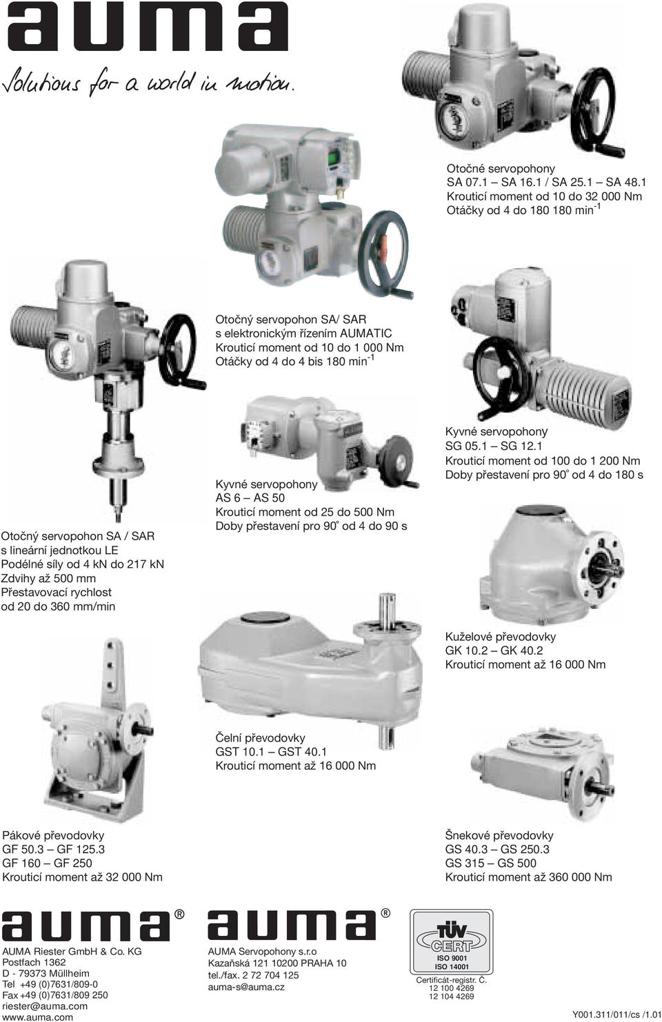 servopohon SA / SAR s lineární jednotkou LE Podélné síly od 4 kn do 217 kn Zdvihy až 500 mm Přestavovací rychlost od 20 do 360 mm/min Kyvné servopohony AS 6 AS 50 Krouticí moment od 25 do 500 Nm Doby