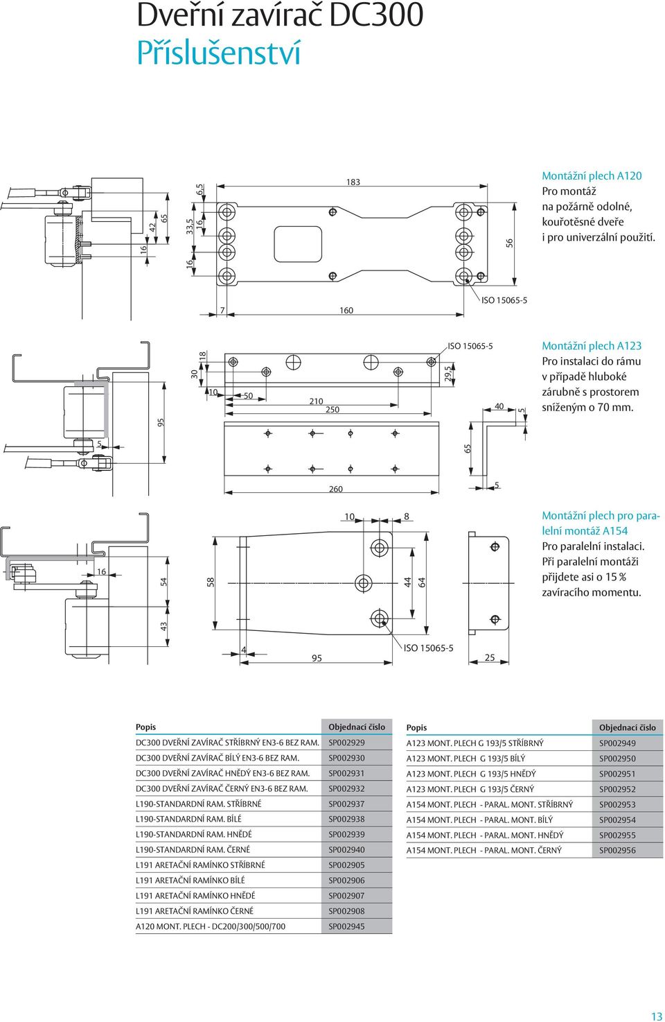 95 5 65 260 5 54 58 10 8 44 64 Montážní plech pro paralelní montáž A154 Pro paralelní instalaci. Při paralelní montáži přijdete asi o 15 % zavíracího momentu.