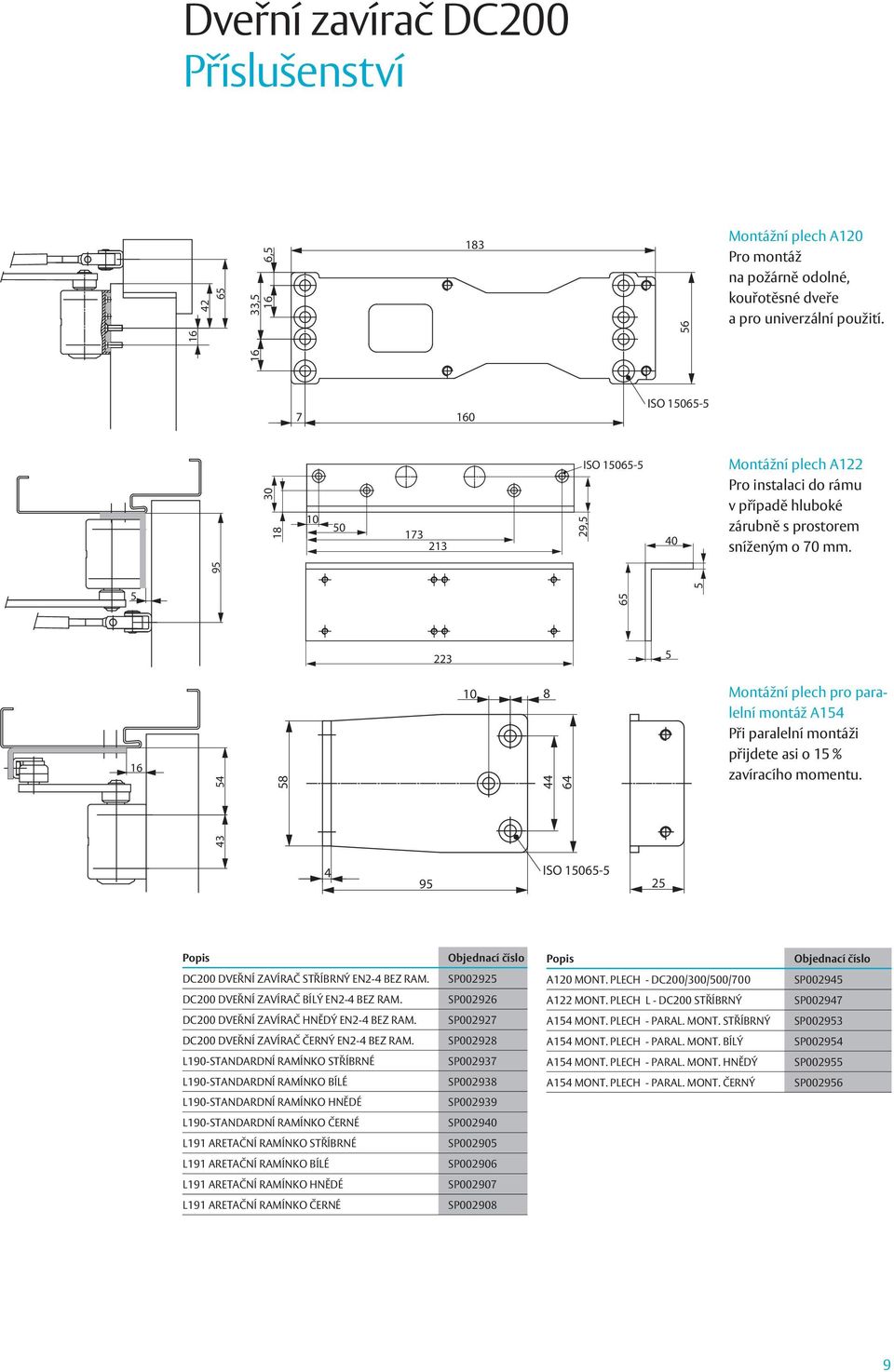 95 5 65 5 223 5 54 58 10 8 44 64 Montážní plech pro paralelní montáž A154 Při paralelní montáži přijdete asi o 15 % zavíracího momentu.
