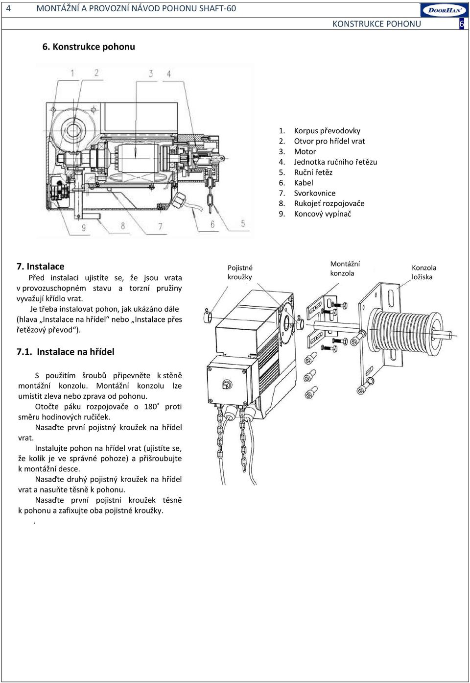 Je třeba instalovat pohon, jak ukázáno dále (hlava Instalace na hřídel nebo Instalace přes řetězový převod ). Pojistné kroužky Montážní konzola Konzola ložiska 7.1.