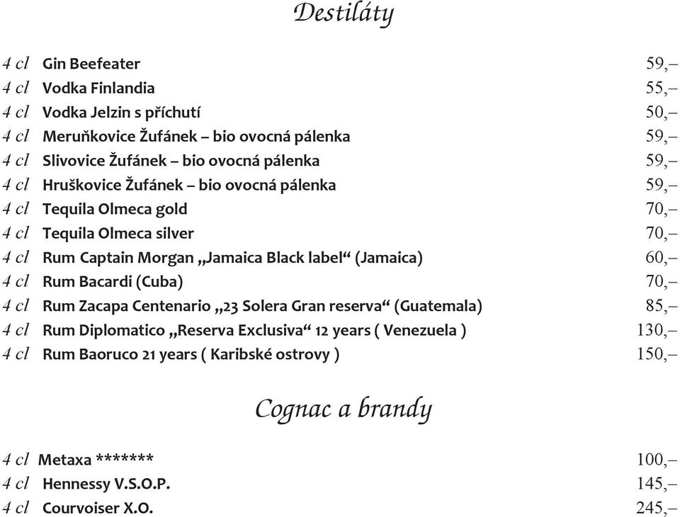 Black label (Jamaica) 60, 4 cl Rum Bacardi (Cuba) 70, 4 cl Rum Zacapa Centenario 23 Solera Gran reserva (Guatemala) 85, 4 cl Rum Diplomatico Reserva Exclusiva 12