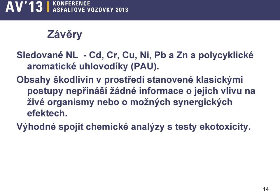 Obsahy škodlivin v prostředí stanovené klasickými postupy nepřináší žádné