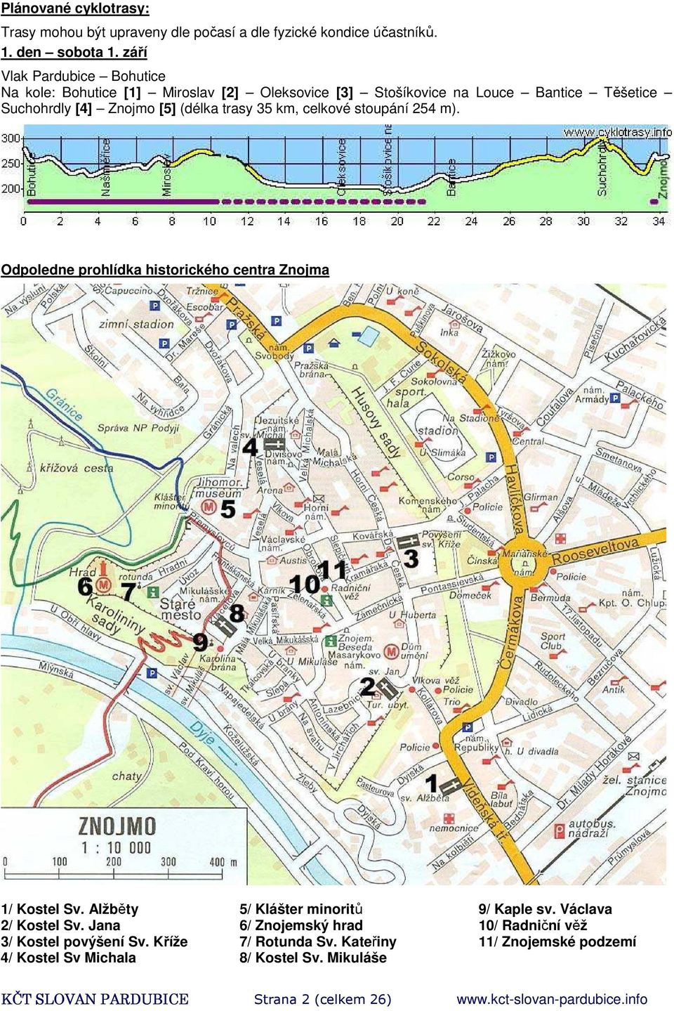 celkové stoupání 254 m). Odpoledne prohlídka historického centra Znojma 1/ Kostel Sv. Alžběty 2/ Kostel Sv. Jana 3/ Kostel povýšení Sv.