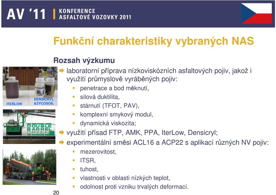 komplexní smykový modul, dynamická viskozita; využití přísad FTP, AMK, PPA, IterLow, Densicryl; experimentální směsi ACL16 a