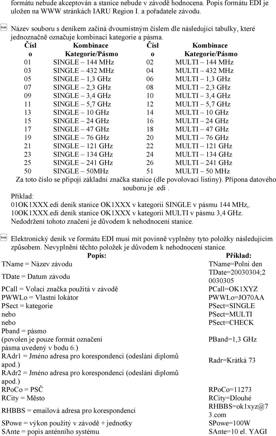 Čísl o Kombinace Kategorie/Pásmo Čísl o Kombinace Kategorie/Pásmo 01 SINGLE 144 MHz 02 MULTI 144 MHz 03 SINGLE 432 MHz 04 MULTI 432 MHz 05 SINGLE 1,3 GHz 06 MULTI 1,3 GHz 07 SINGLE 2,3 GHz 08 MULTI