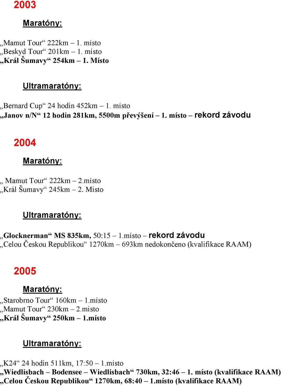 Místo Glocknerman MS 835km, 50:15 1.místo rekord závodu Celou Českou Republikou 1270km 693km nedokončeno (kvalifikace RAAM) 2005 Starobrno Tour 160km 1.