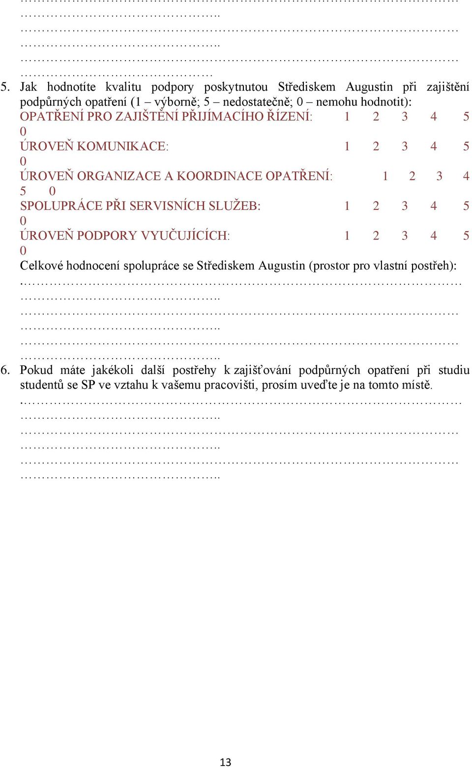 SLUŽEB: 1 2 3 4 5 0 ÚROVEŇ PODPORY VYUČUJÍCÍCH: 1 2 3 4 5 0 Celkové hodnocení spolupráce se Střediskem Augustin (prostor pro vlastní postřeh):. 6.