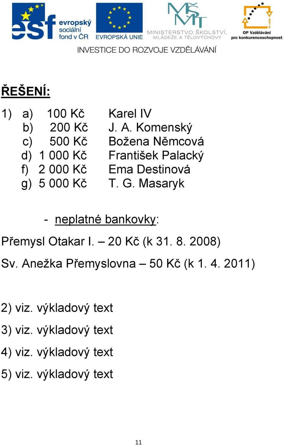 g) 5 000 Kč T. G. Masaryk - neplatné bankovky: Přemysl Otakar I. 20 Kč (k 31. 8. 2008) Sv.