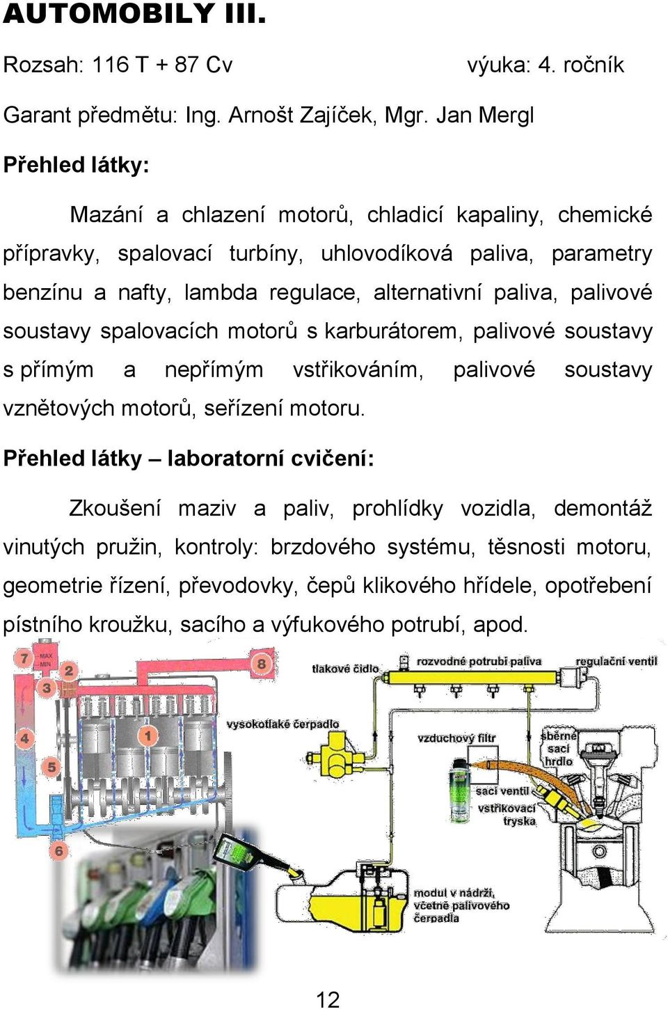 paliva, palivové soustavy spalovacích motorů s karburátorem, palivové soustavy s přímým a nepřímým vstřikováním, palivové soustavy vznětových motorů, seřízení motoru.