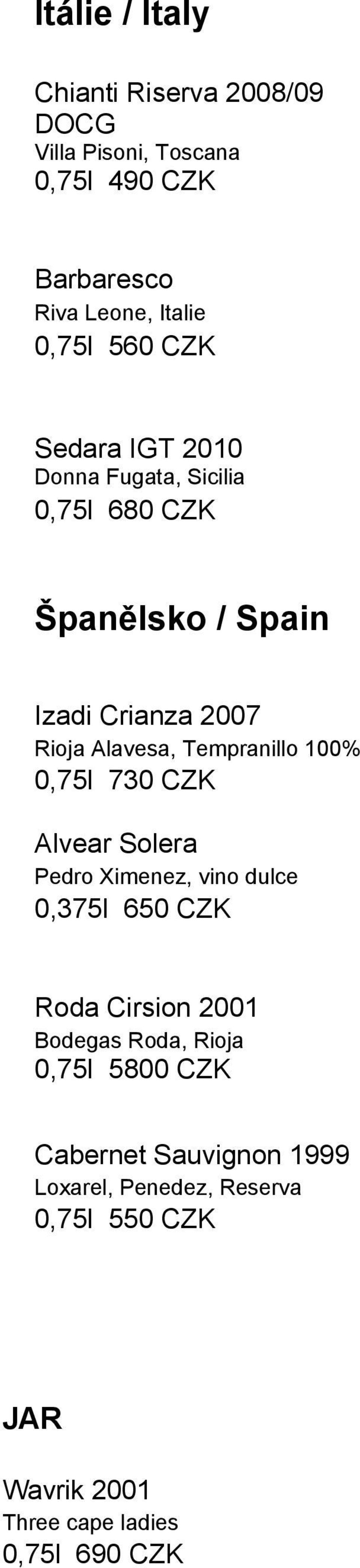 100% 0,75l 730 CZK Alvear Solera Pedro Ximenez, vino dulce 0,375l 650 CZK Roda Cirsion 2001 Bodegas Roda, Rioja 0,75l