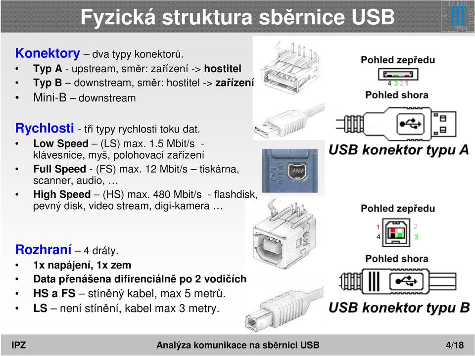 Low Speed (LS) max. 1.5 Mbit/s - klávesnice, myš, polohovací zařízení Full Speed - (FS) max. 12 Mbit/s tiskárna, scanner, audio, High Speed (HS) max.