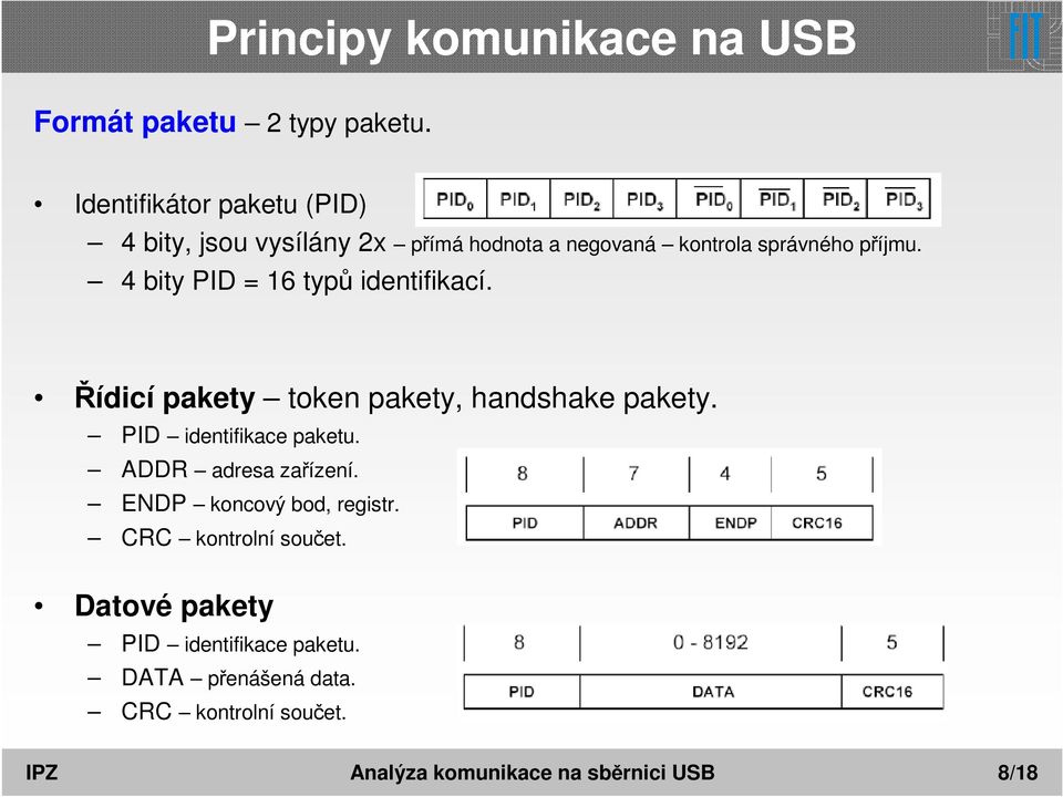 4 bity PID = 16 typů identifikací. Řídicí pakety token pakety, handshake pakety. PID identifikace paketu.