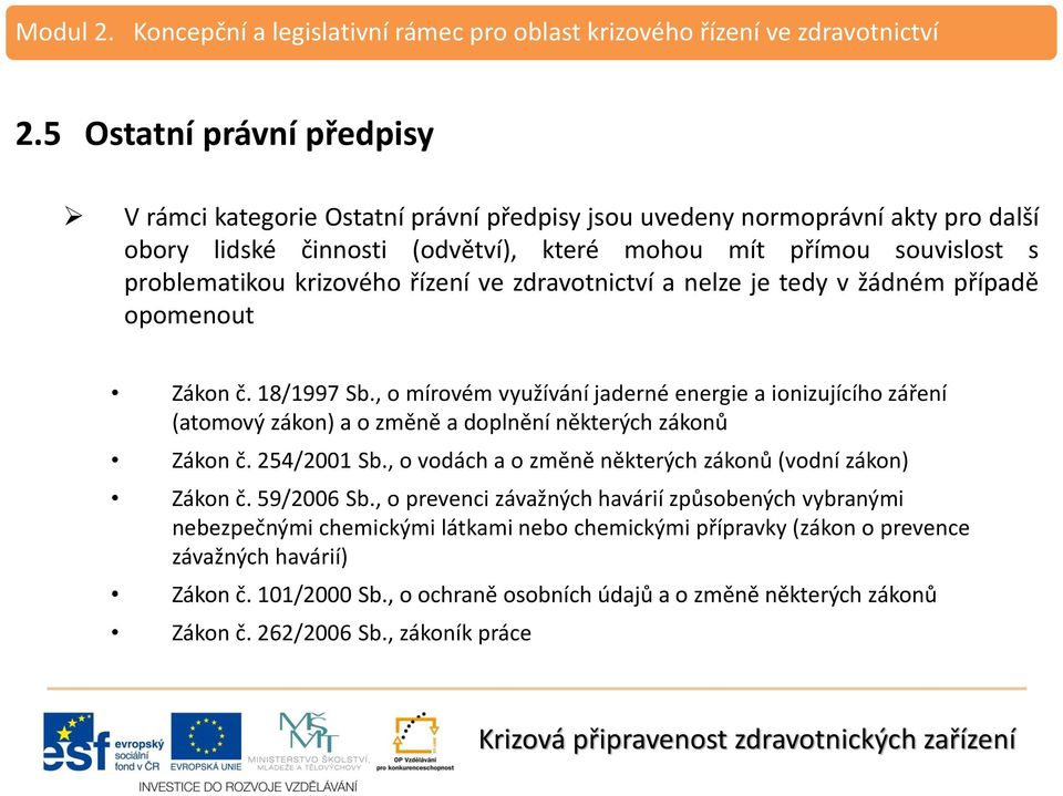 , o mírovém využívání jaderné energie a ionizujícího záření (atomový zákon) a o změně a doplnění některých zákonů Zákon č. 254/2001 Sb.