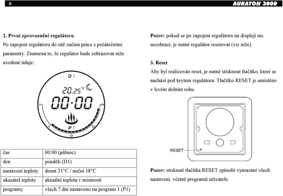 Reset Aby byl realizován reset, je nutné stisknout tlačítko, které se nachází pod krytem regulátoru. Tlačítko RESET je umístěno v levém dolním rohu.